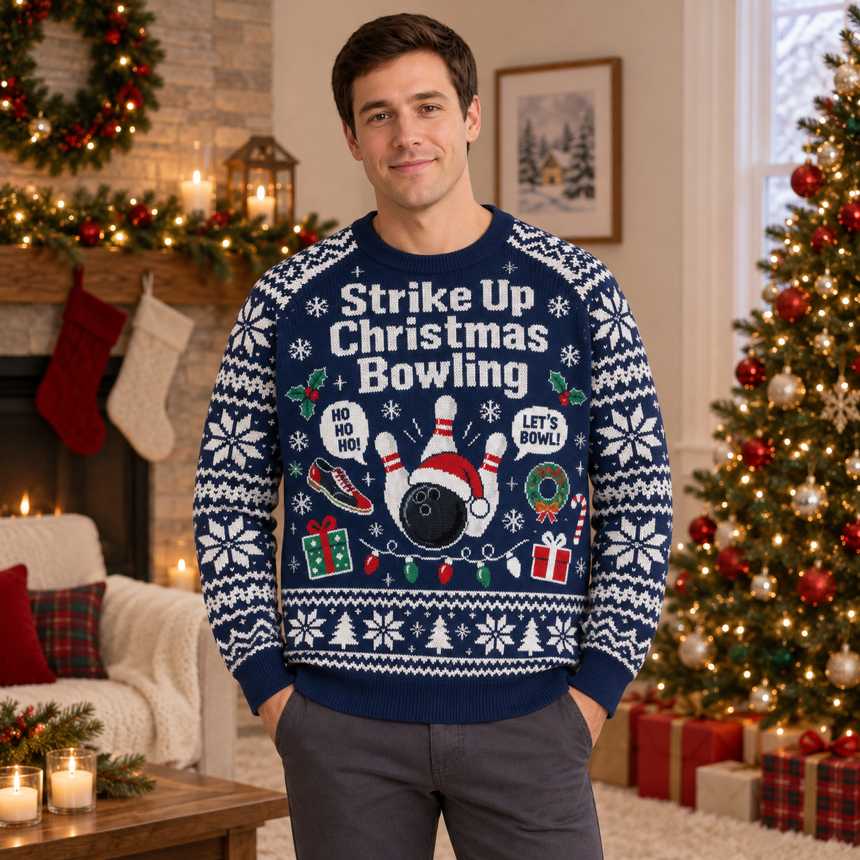 [popular-sweater:PX-24-03:male] Strike Up Christmas Bowling Ugly Christmas Sweatshirt - Male view
