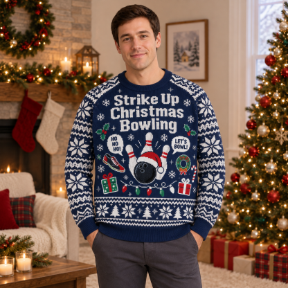 [popular-sweater:PX-24-03:male] Strike Up Christmas Bowling Ugly Christmas Sweatshirt - Male view