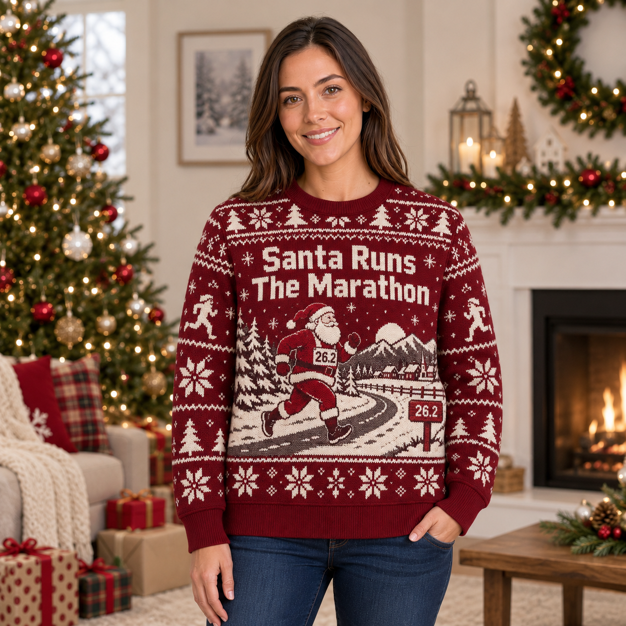 [popular-sweater:PX-24-04:female] Santa Runs The Marathon Ugly Christmas Sweatshirt - Female view