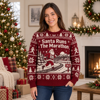 [popular-sweater:PX-24-04:female] Santa Runs The Marathon Ugly Christmas Sweatshirt - Female view
