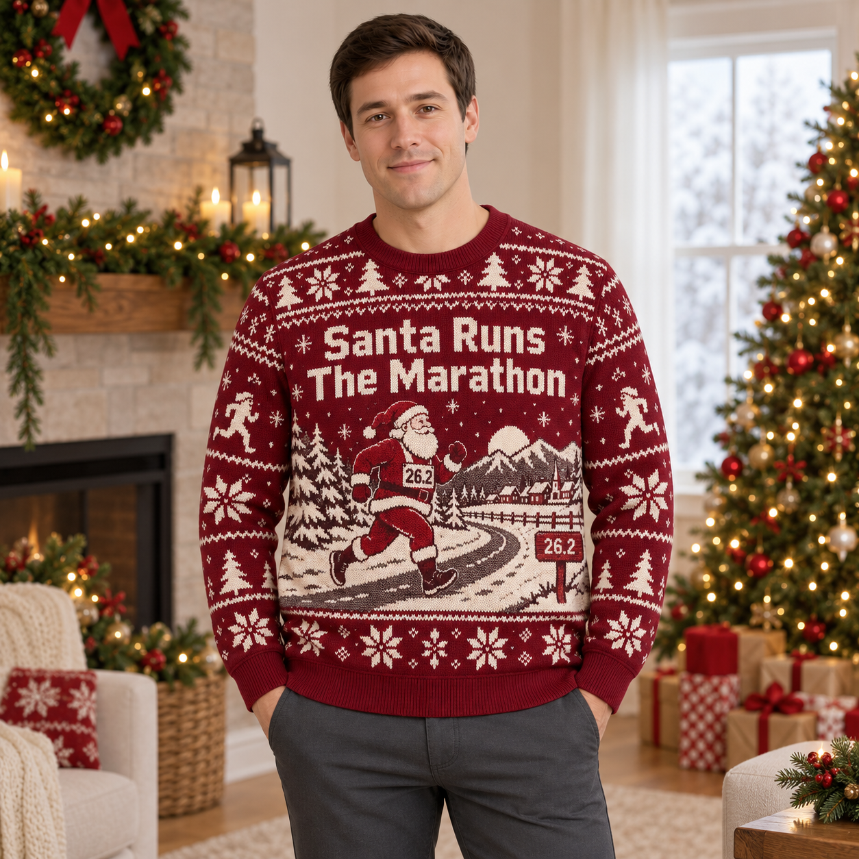 [popular-sweater:PX-24-04:male] Santa Runs The Marathon Ugly Christmas Sweatshirt - Male view