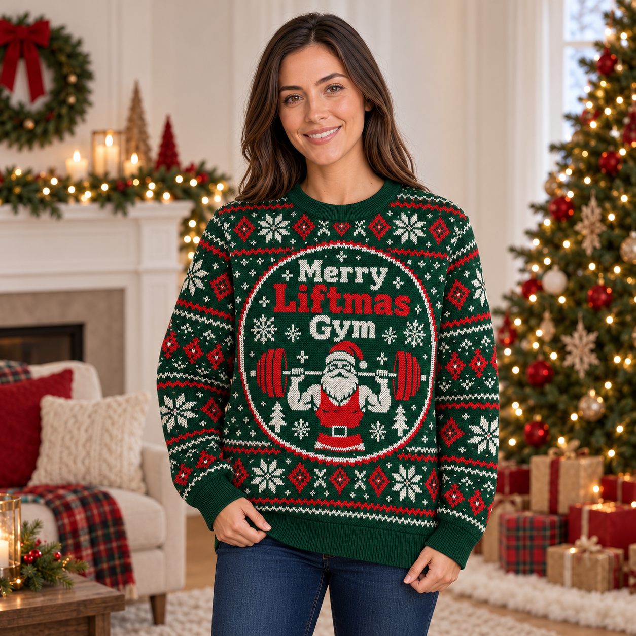 [popular-sweater:PX-24-05:female] Merry Liftmas Gym Ugly Christmas Sweatshirt - Female view