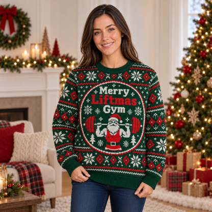 [popular-sweater:PX-24-05:female] Merry Liftmas Gym Ugly Christmas Sweatshirt - Female view