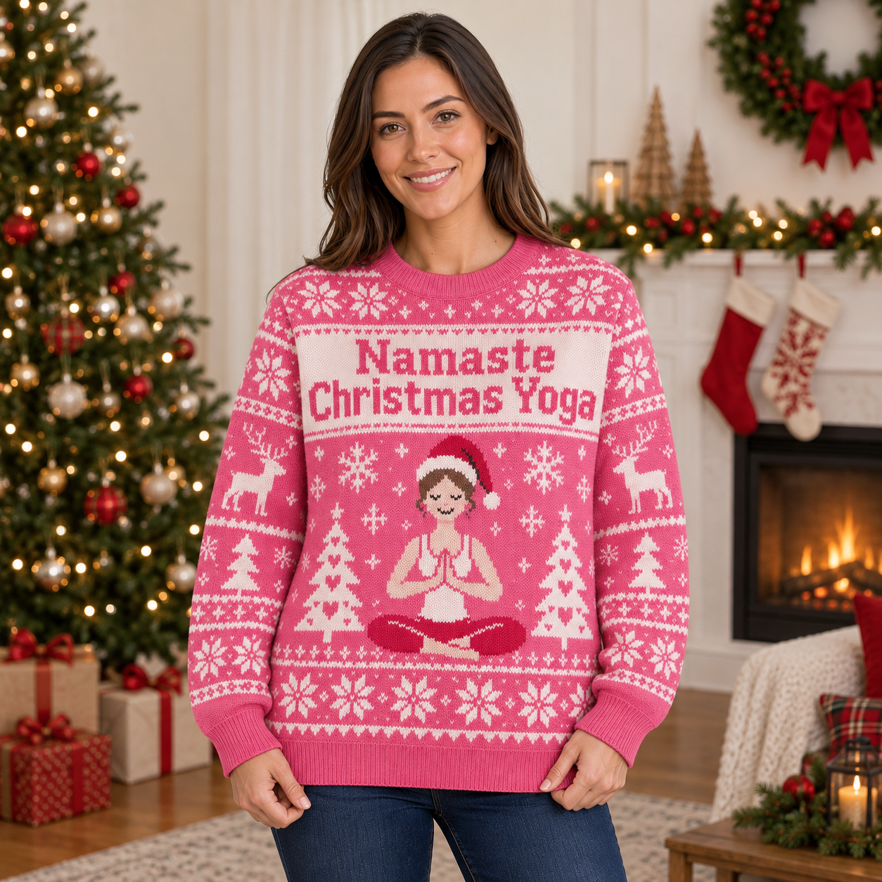[popular-sweater:PX-24-06:female] Namaste Christmas Yoga Ugly Christmas Sweatshirt - Female view