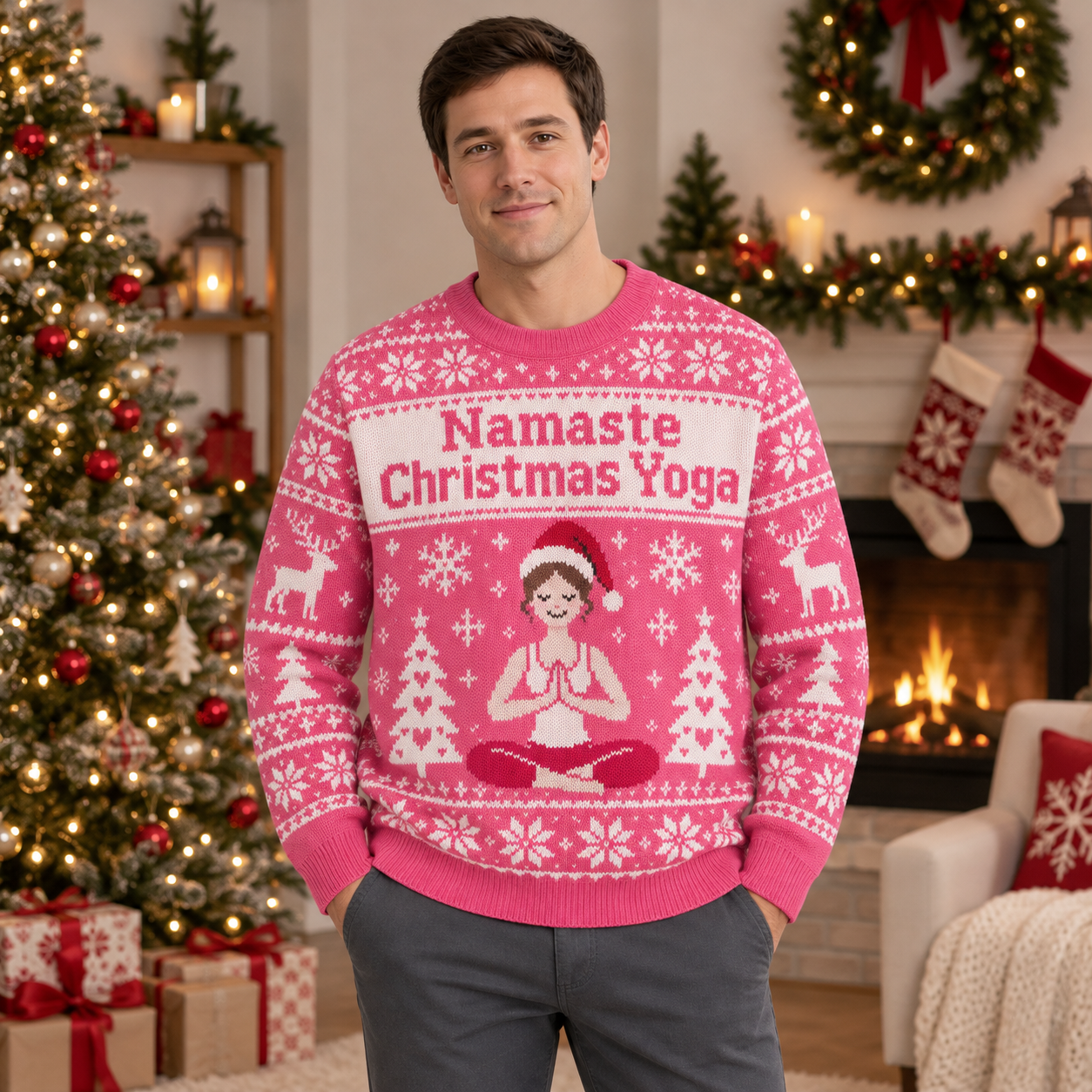 [popular-sweater:PX-24-06:male] Namaste Christmas Yoga Ugly Christmas Sweatshirt - Male view