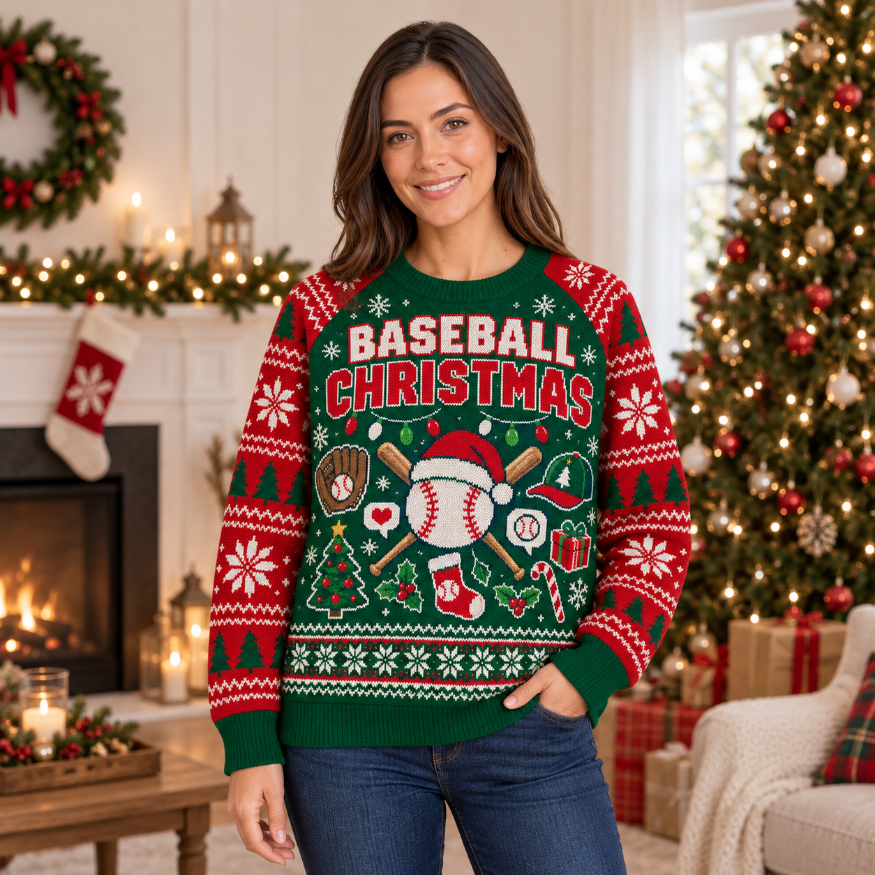 [popular-sweater:PX-24-13:female] Baseball Christmas Ugly Christmas Sweatshirt - Female view