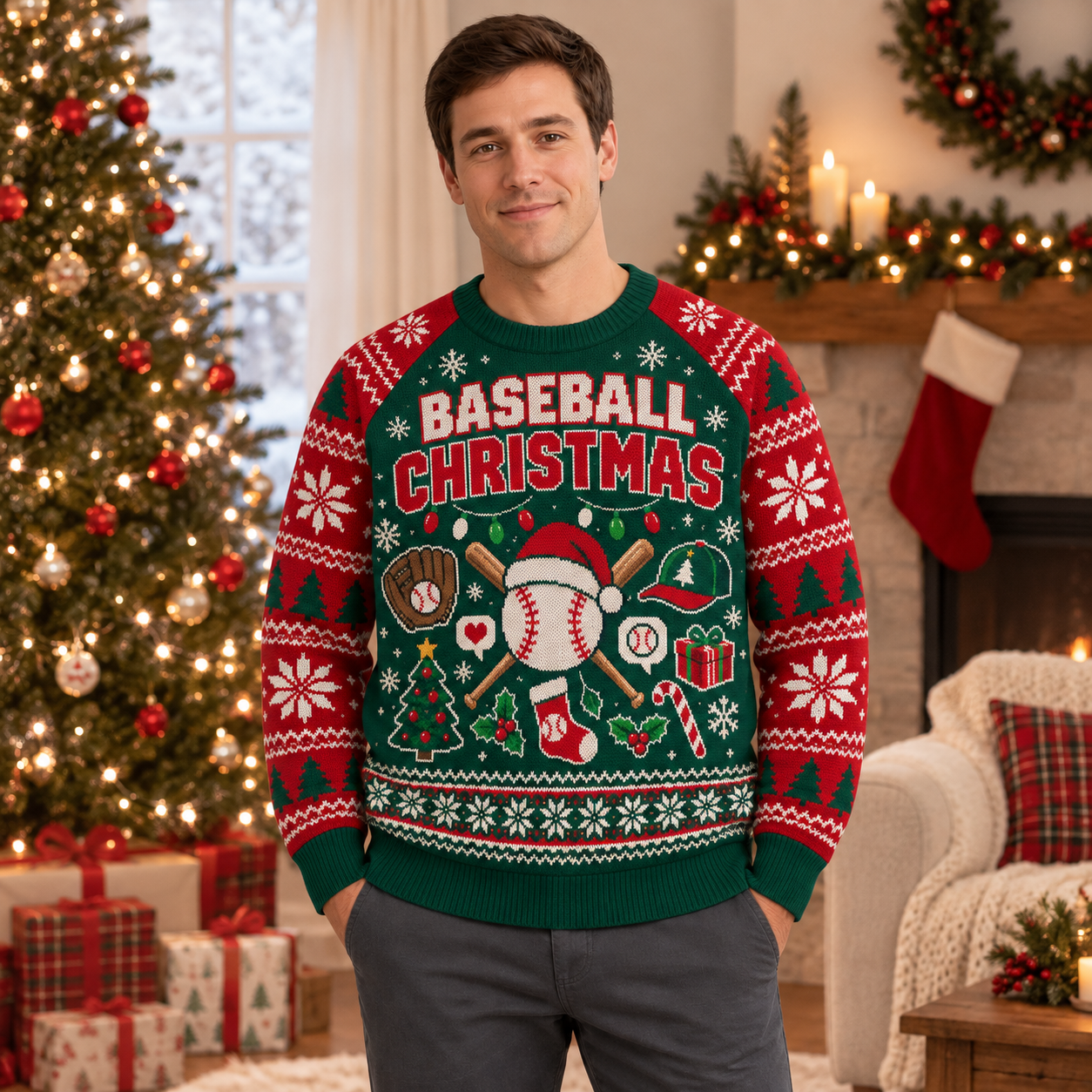 [popular-sweater:PX-24-13:male] Baseball Christmas Ugly Christmas Sweatshirt - Male view