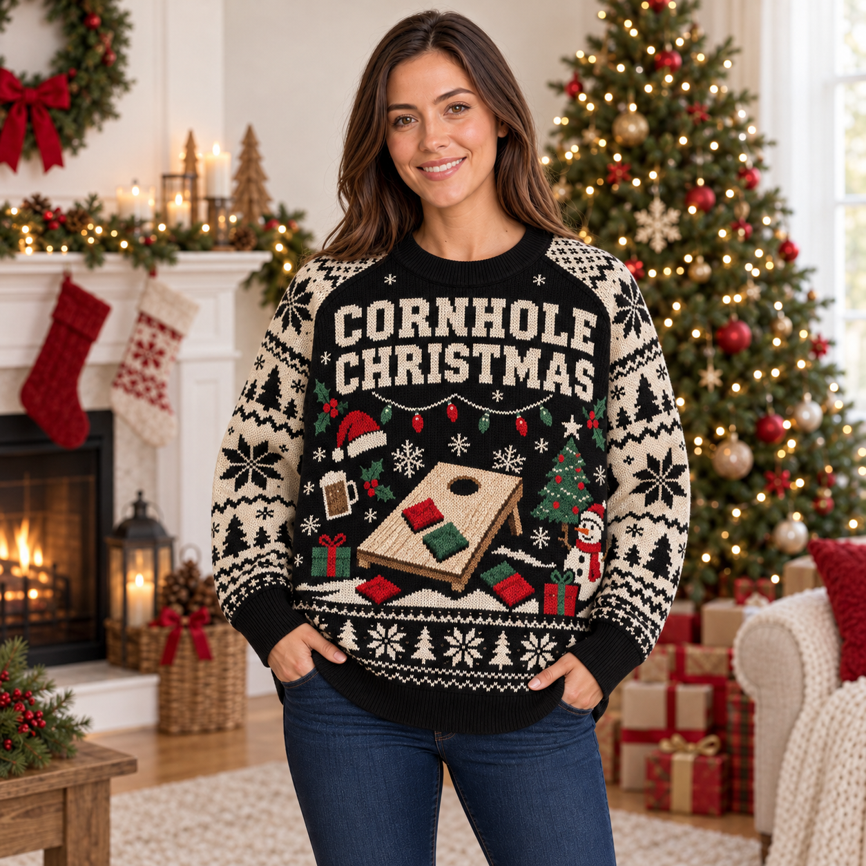 [popular-sweater:PX-24-18:female] Cornhole Christmas Ugly Christmas Sweatshirt - Female view