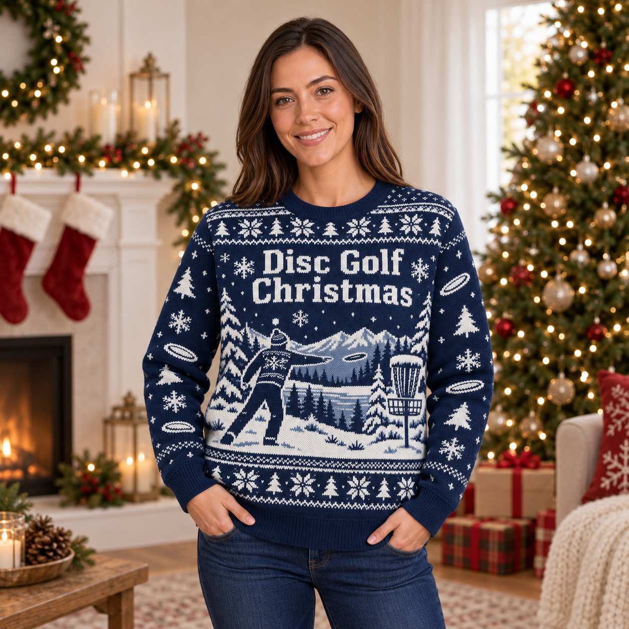 [popular-sweater:PX-24-19:female] Disc Golf Christmas Ugly Christmas Sweatshirt - Female view