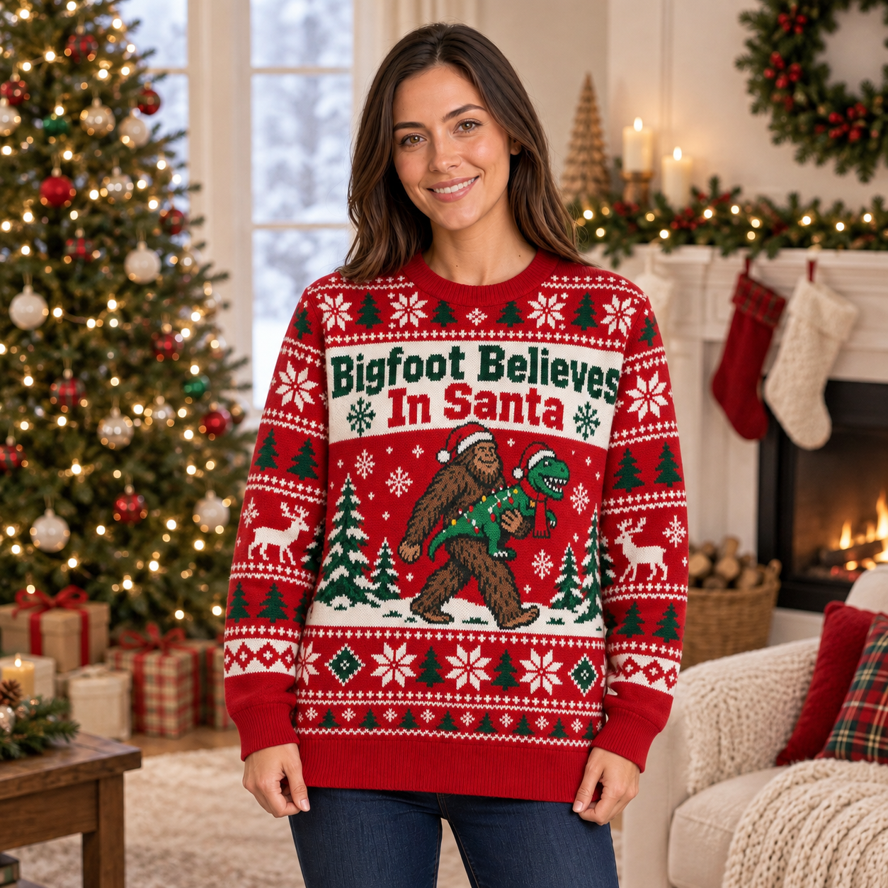 [popular-sweater:PX-25-01:female] Bigfoot Believes In Santa Ugly Christmas Sweatshirt - Female view