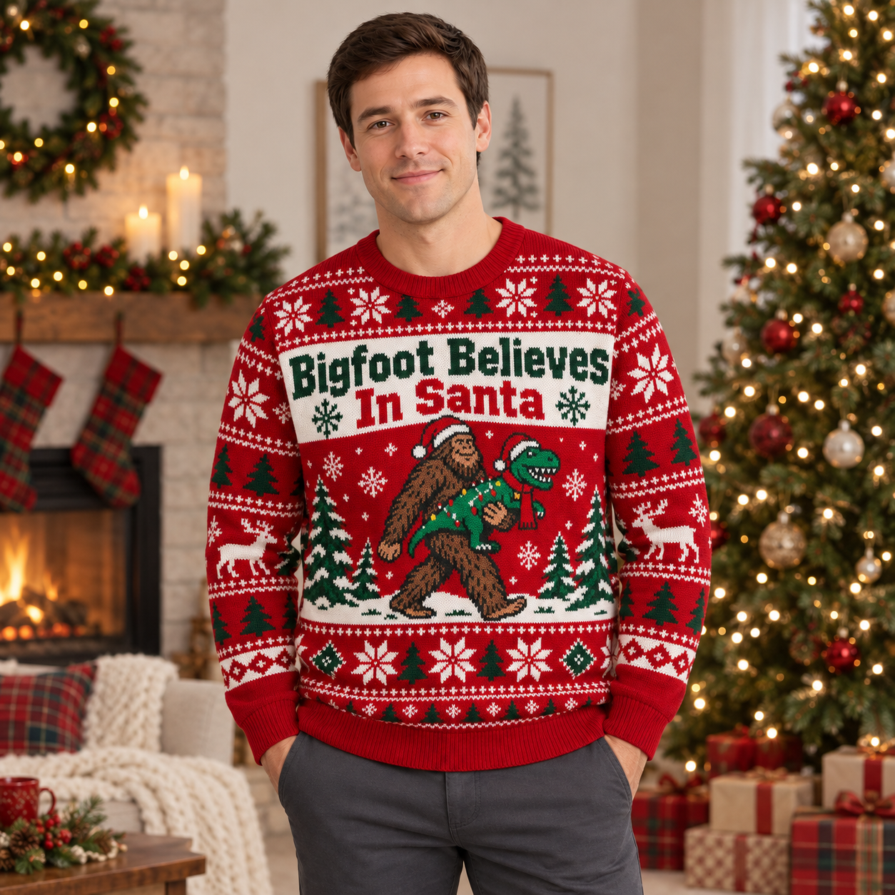 [popular-sweater:PX-25-01:male] Bigfoot Believes In Santa Ugly Christmas Sweatshirt - Male view