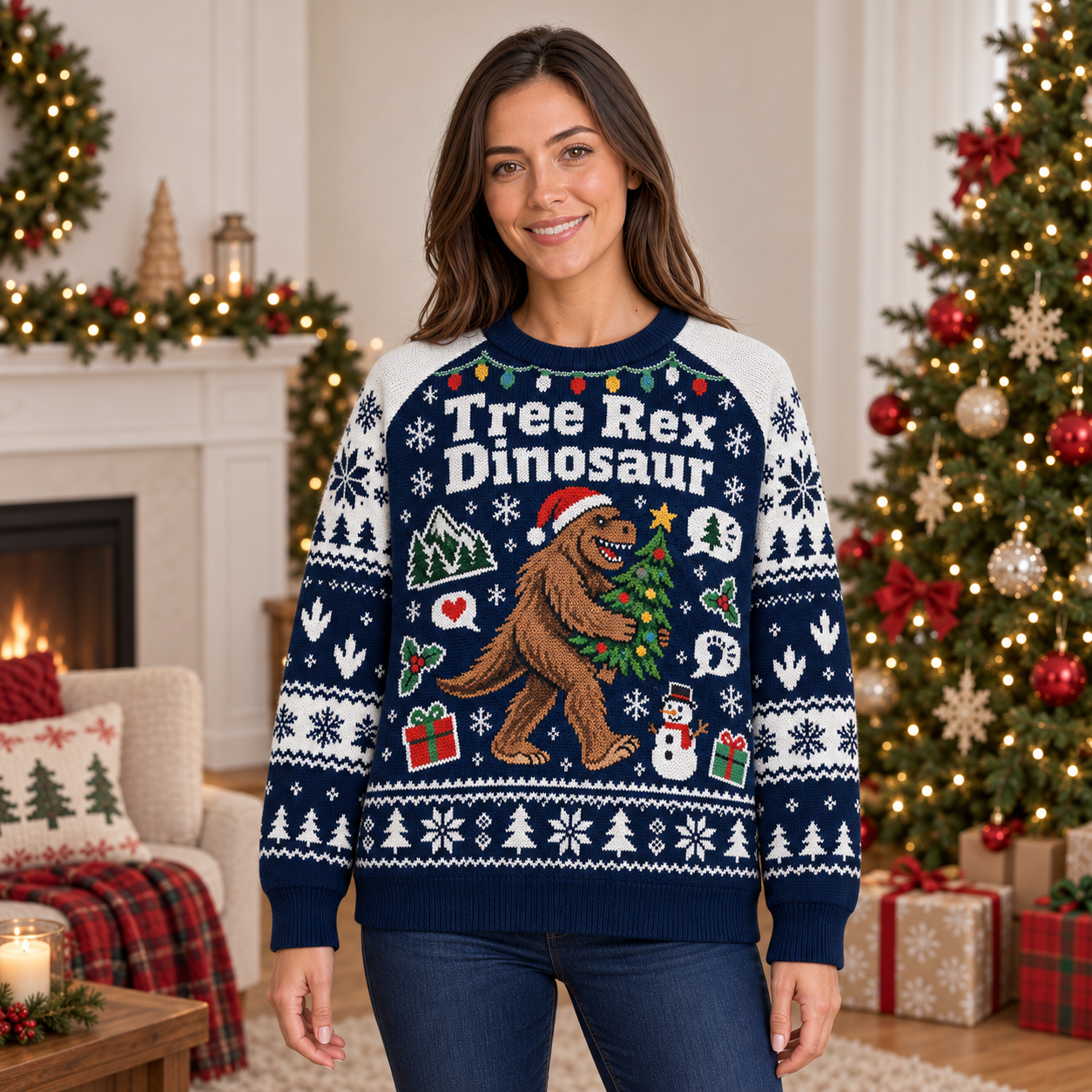 [popular-sweater:PX-25-03:female] Tree Rex Dinosaur Ugly Christmas Sweatshirt - Female view