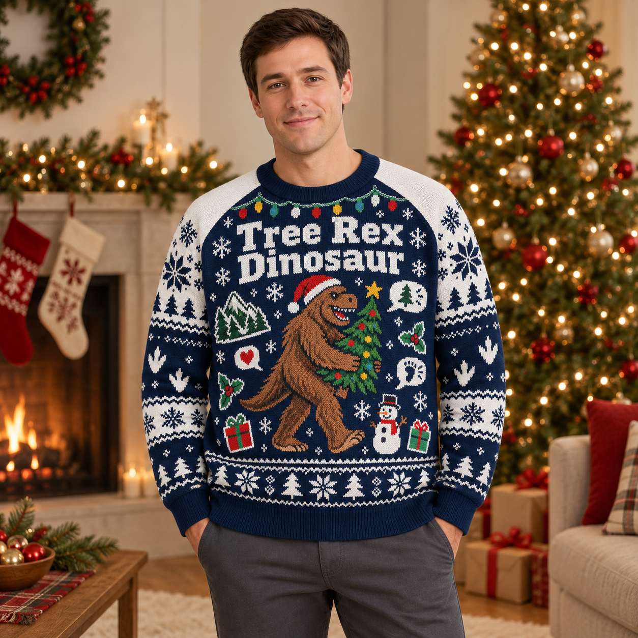 [popular-sweater:PX-25-03:male] Tree Rex Dinosaur Ugly Christmas Sweatshirt - Male view