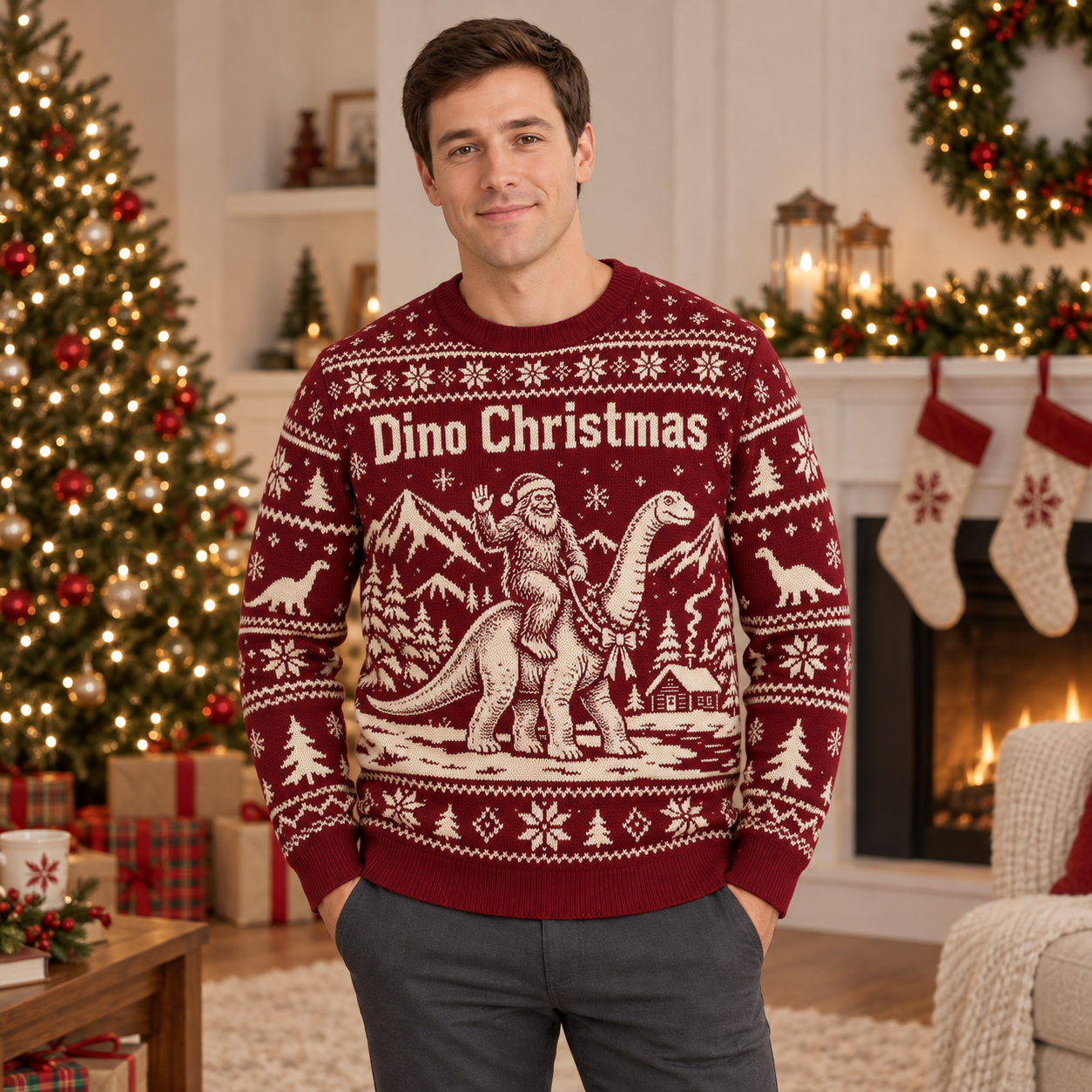[popular-sweater:PX-25-04:male] Dino Christmas Ugly Christmas Sweatshirt - Male view