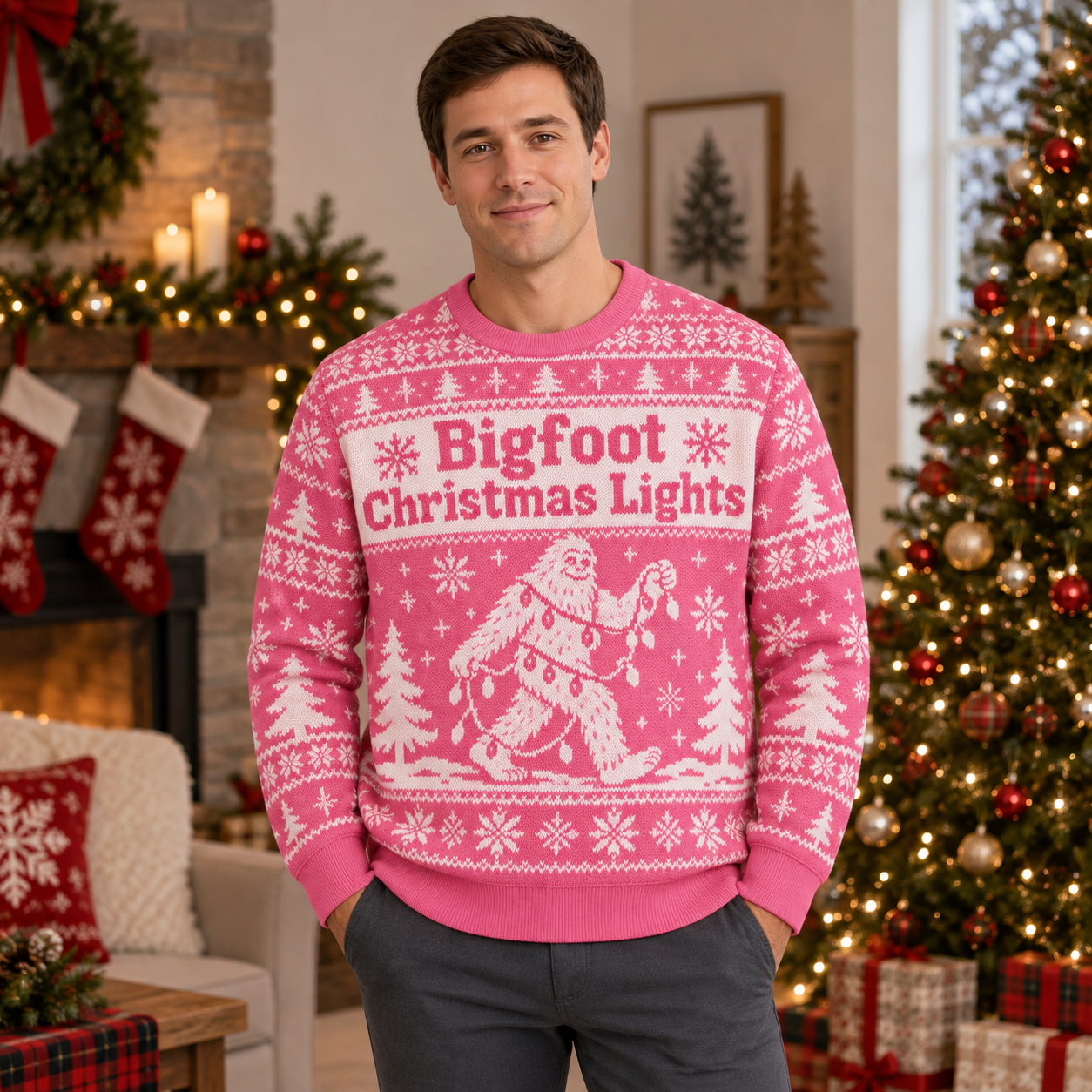 [popular-sweater:PX-25-06:male] Bigfoot Christmas Lights Ugly Christmas Sweatshirt - Male view