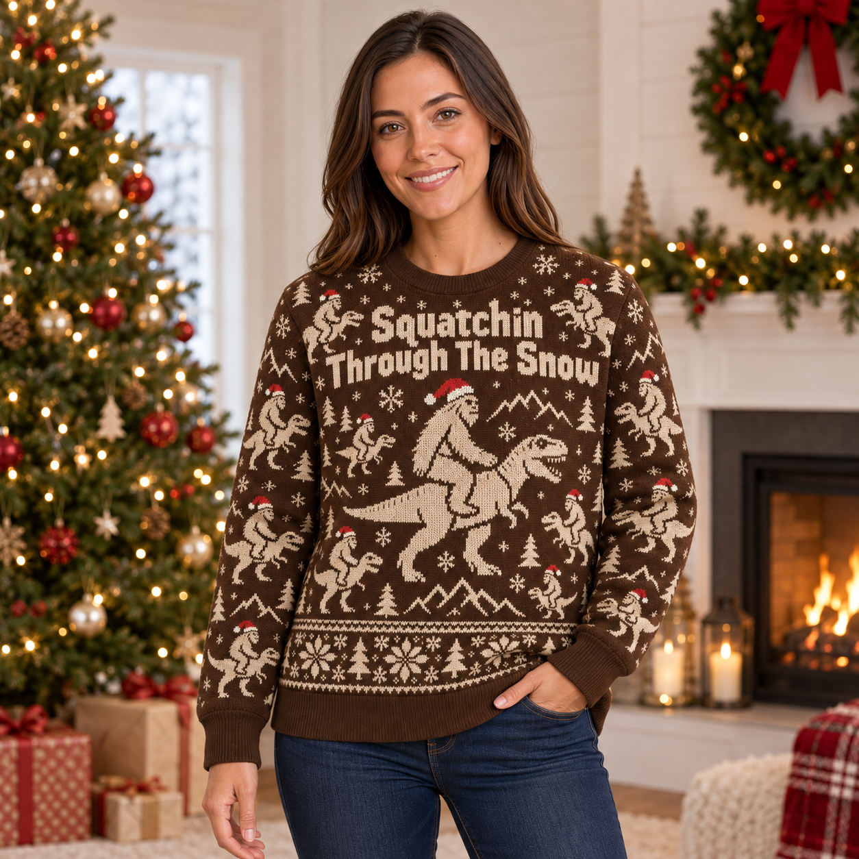 [popular-sweater:PX-25-07:female] Squatchin Through The Snow Ugly Christmas Sweatshirt - Female view