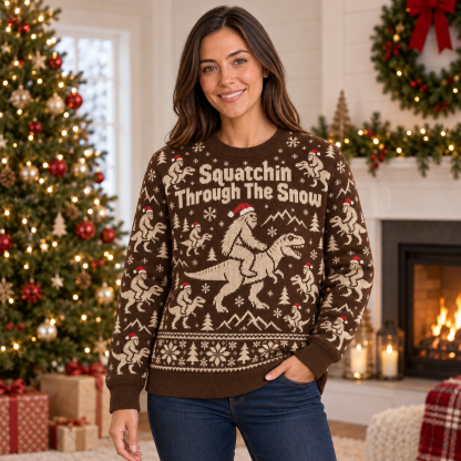 [popular-sweater:PX-25-07:female] Squatchin Through The Snow Ugly Christmas Sweatshirt - Female view