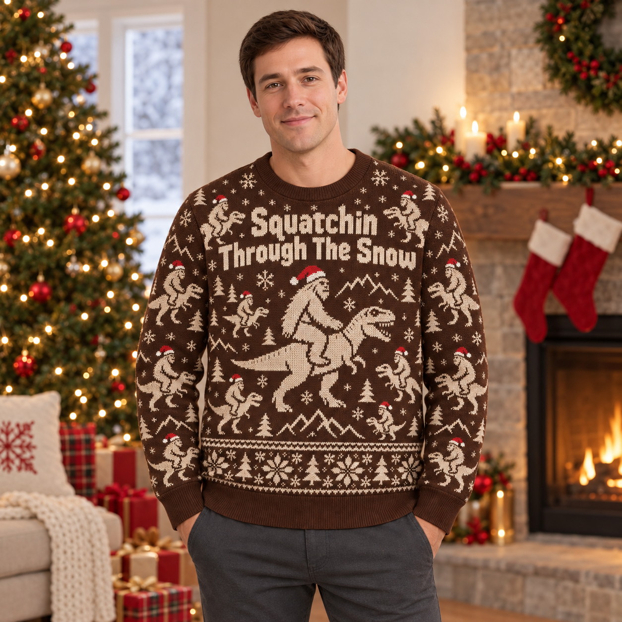 [popular-sweater:PX-25-07:male] Squatchin Through The Snow Ugly Christmas Sweatshirt - Male view