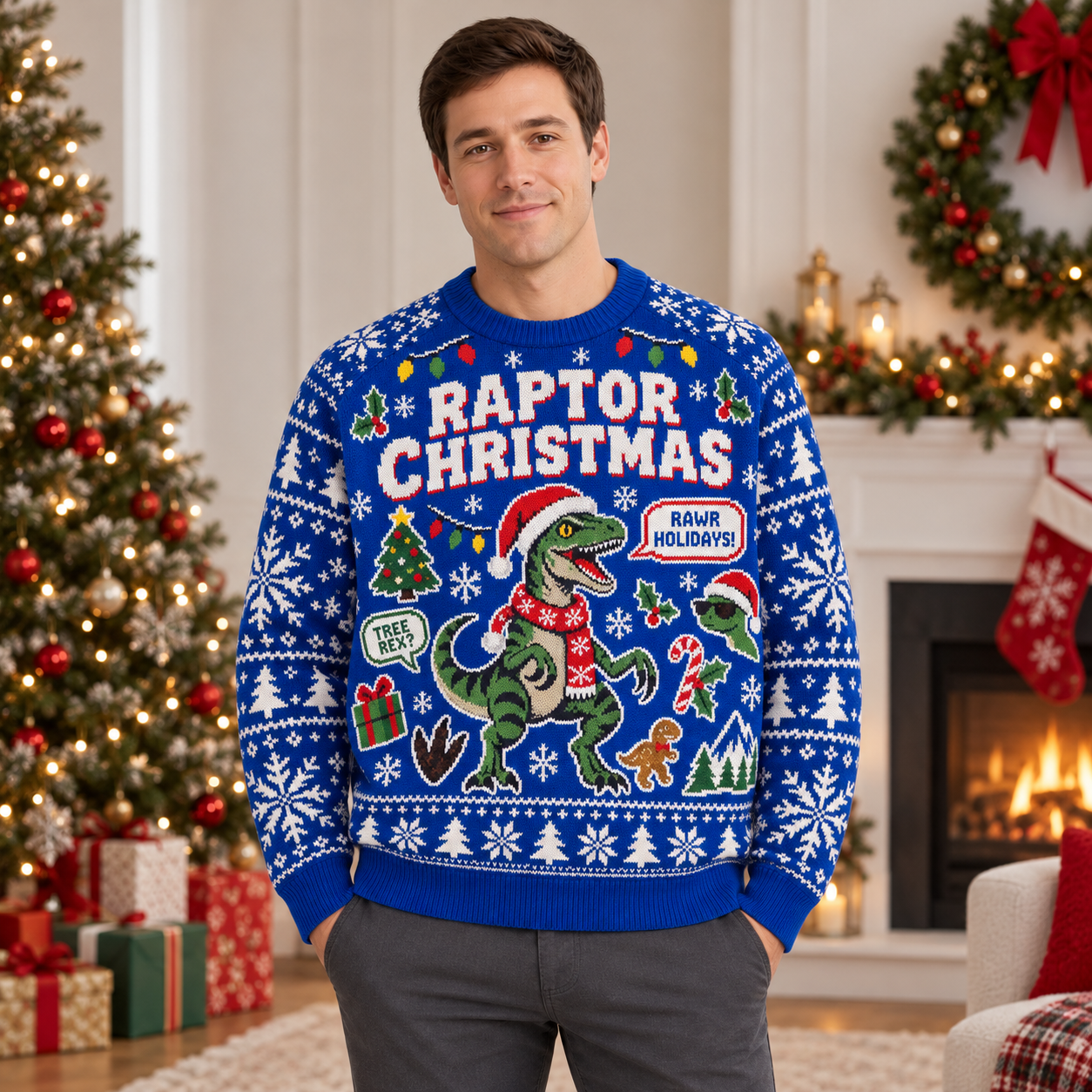 [popular-sweater:PX-25-08:male] Raptor Christmas Ugly Christmas Sweatshirt - Male view