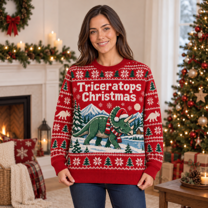 [popular-sweater:PX-25-09:female] Triceratops Christmas Ugly Christmas Sweatshirt - Female view