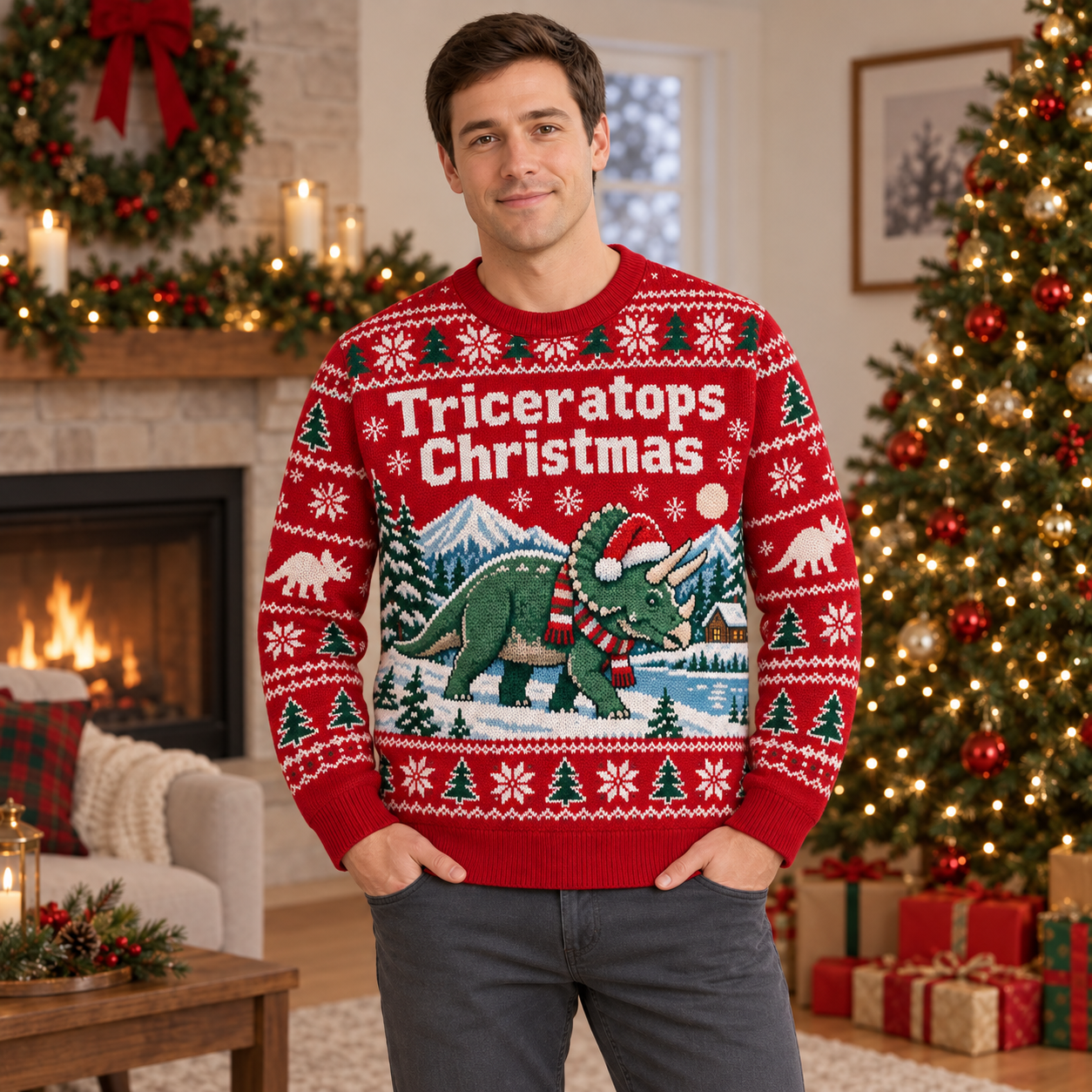 [popular-sweater:PX-25-09:male] Triceratops Christmas Ugly Christmas Sweatshirt - Male view