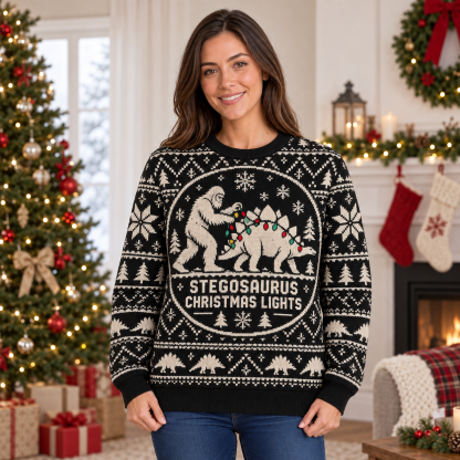 [popular-sweater:PX-25-10:female] Stegosaurus Christmas Lights Ugly Christmas Sweatshirt - Female view