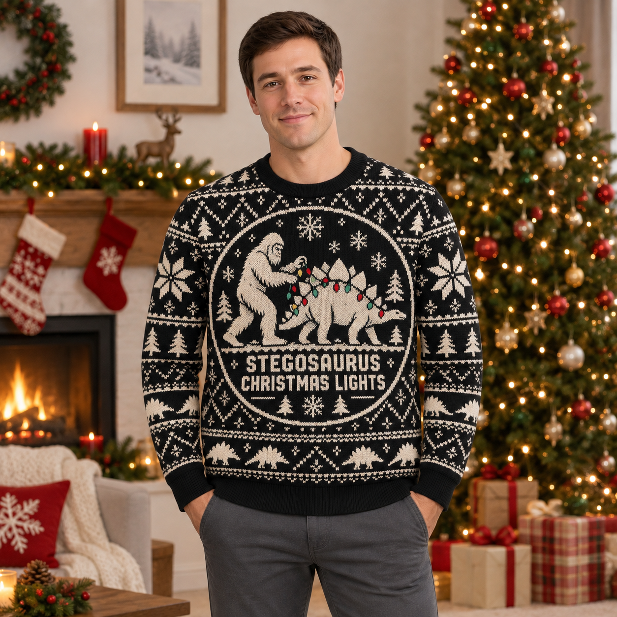 [popular-sweater:PX-25-10:male] Stegosaurus Christmas Lights Ugly Christmas Sweatshirt - Male view