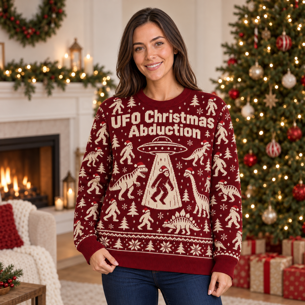 [popular-sweater:PX-25-12:female] UFO Christmas Abduction Ugly Christmas Sweatshirt - Female view