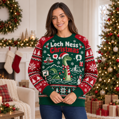[popular-sweater:PX-25-13:female] Loch Ness Christmas Ugly Christmas Sweatshirt - Female view