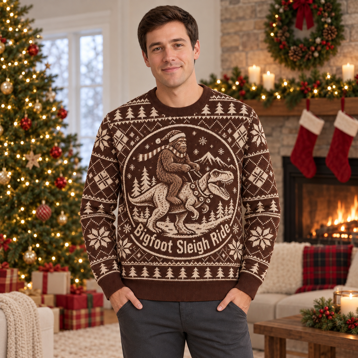 [popular-sweater:PX-25-15:male] Bigfoot Sleigh Ride Ugly Christmas Sweatshirt - Male view