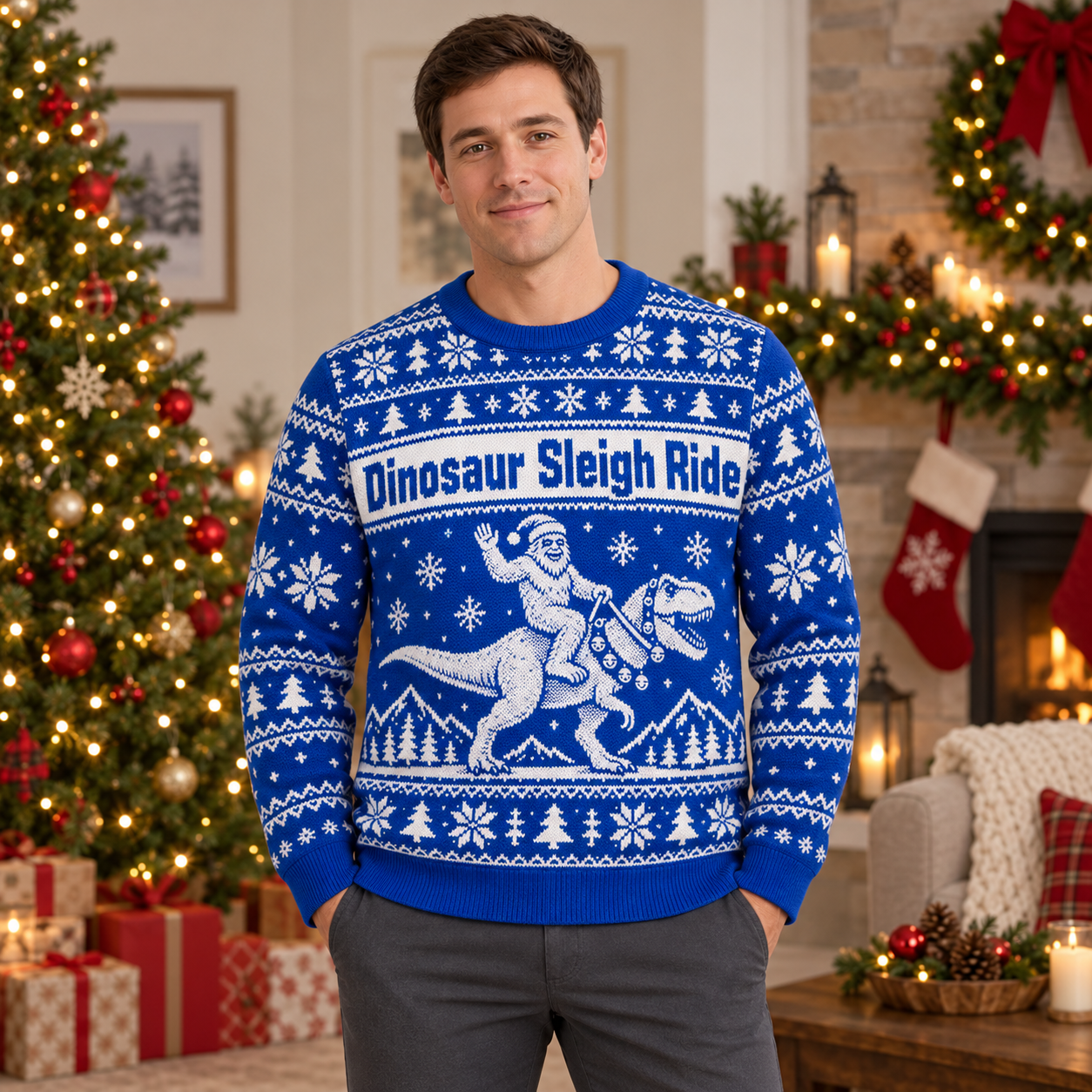[popular-sweater:PX-25-16:male] Dinosaur Sleigh Ride Ugly Christmas Sweatshirt - Male view
