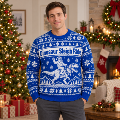 [popular-sweater:PX-25-16:male] Dinosaur Sleigh Ride Ugly Christmas Sweatshirt - Male view