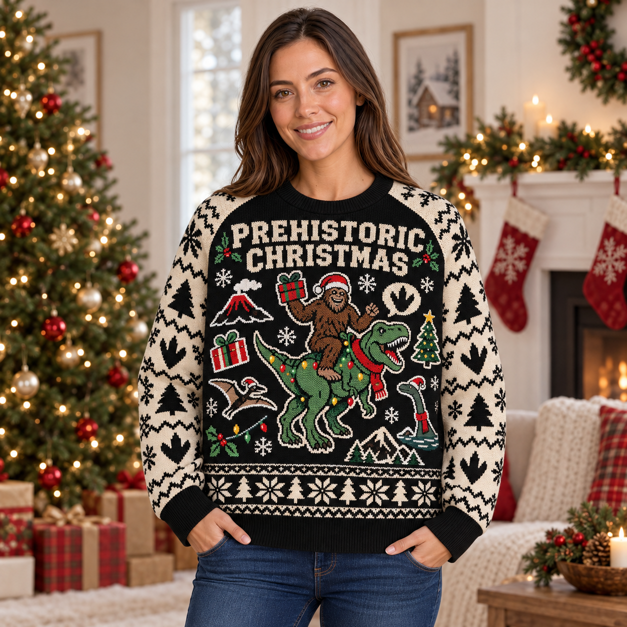 [popular-sweater:PX-25-18:female] Prehistoric Christmas Ugly Christmas Sweatshirt - Female view