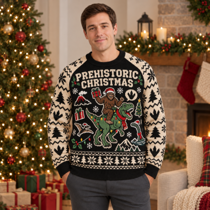 [popular-sweater:PX-25-18:male] Prehistoric Christmas Ugly Christmas Sweatshirt - Male view