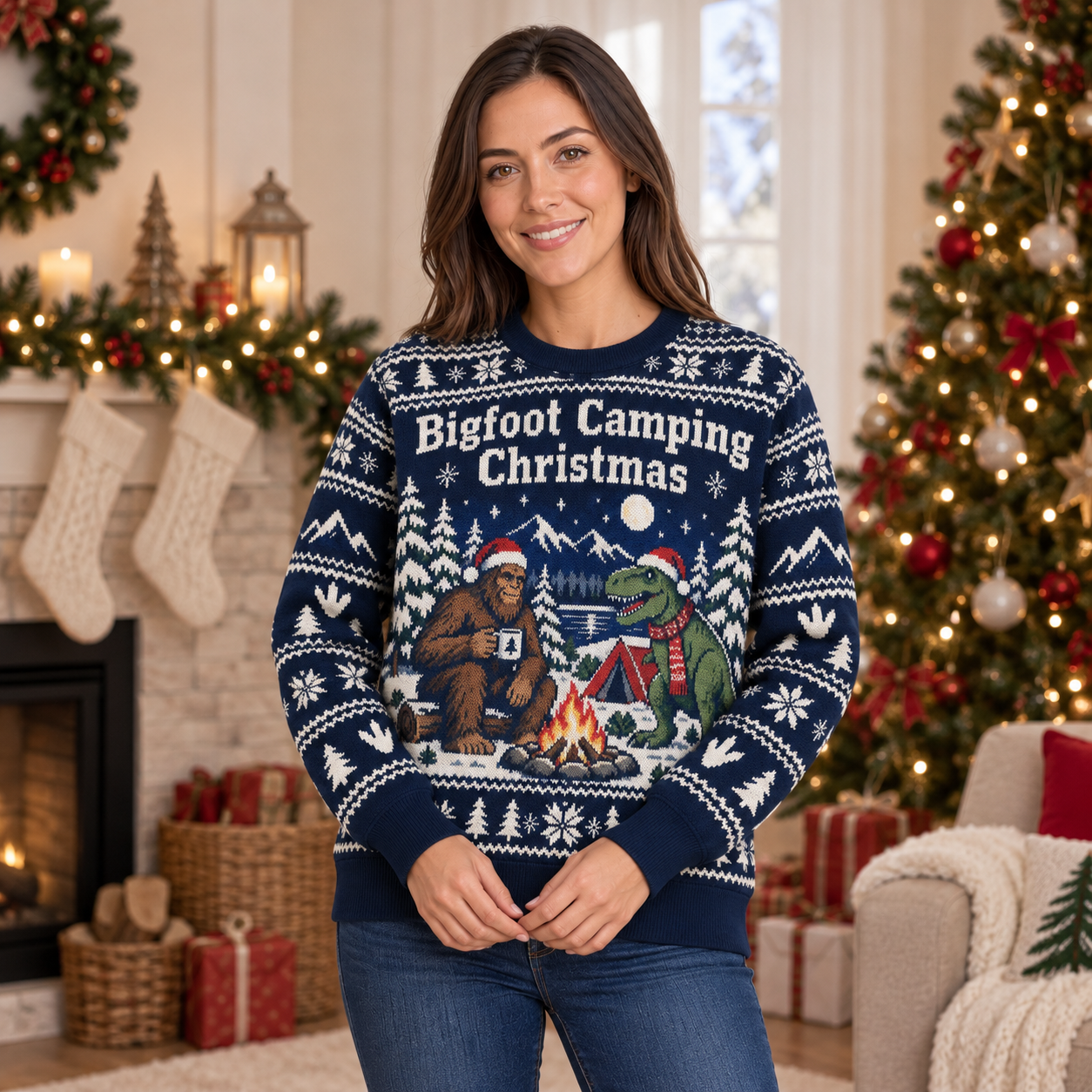 [popular-sweater:PX-25-19:female] Bigfoot Camping Christmas Ugly Christmas Sweatshirt - Female view