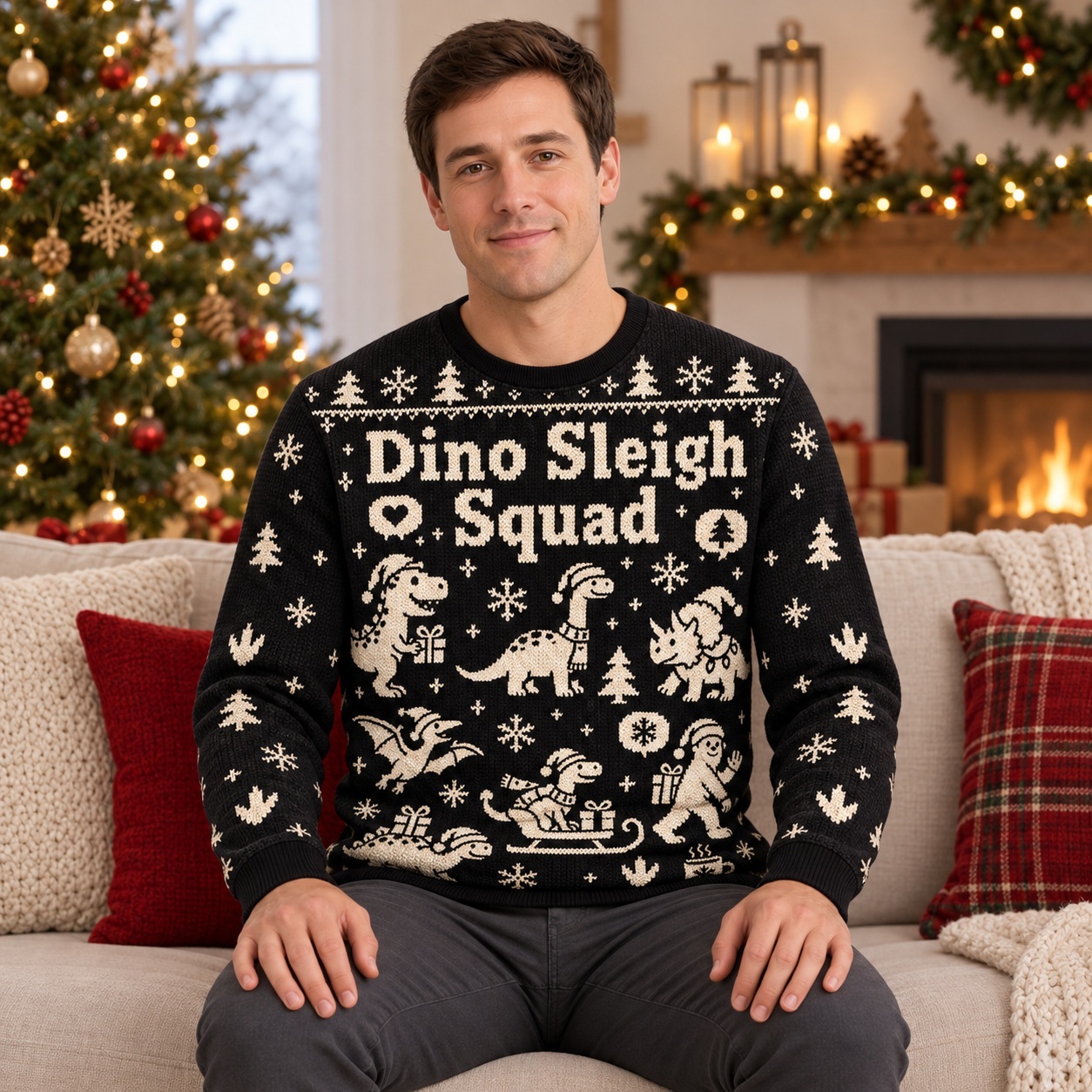 [popular-sweater:PX-25-22:male] Dino Sleigh Squad Ugly Christmas Sweatshirt - Male view