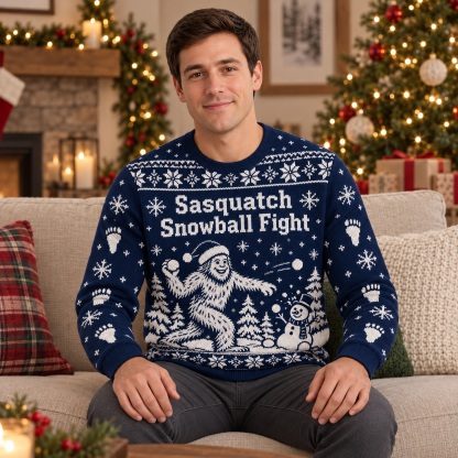 [popular-sweater:PX-25-23:male] Sasquatch Snowball Fight Ugly Christmas Sweatshirt - Male view