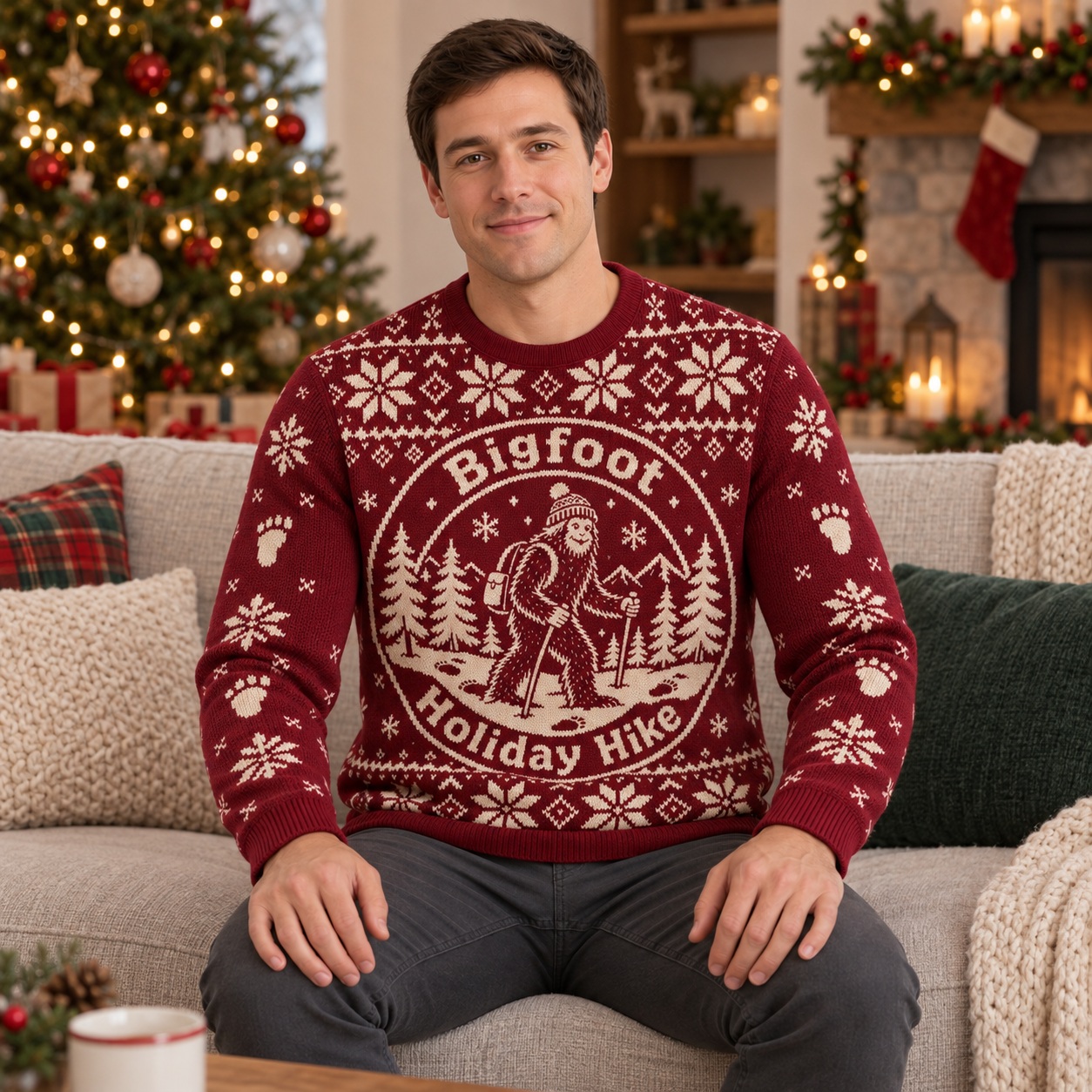 [popular-sweater:PX-25-24:male] Bigfoot Holiday Hike Ugly Christmas Sweatshirt - Male view