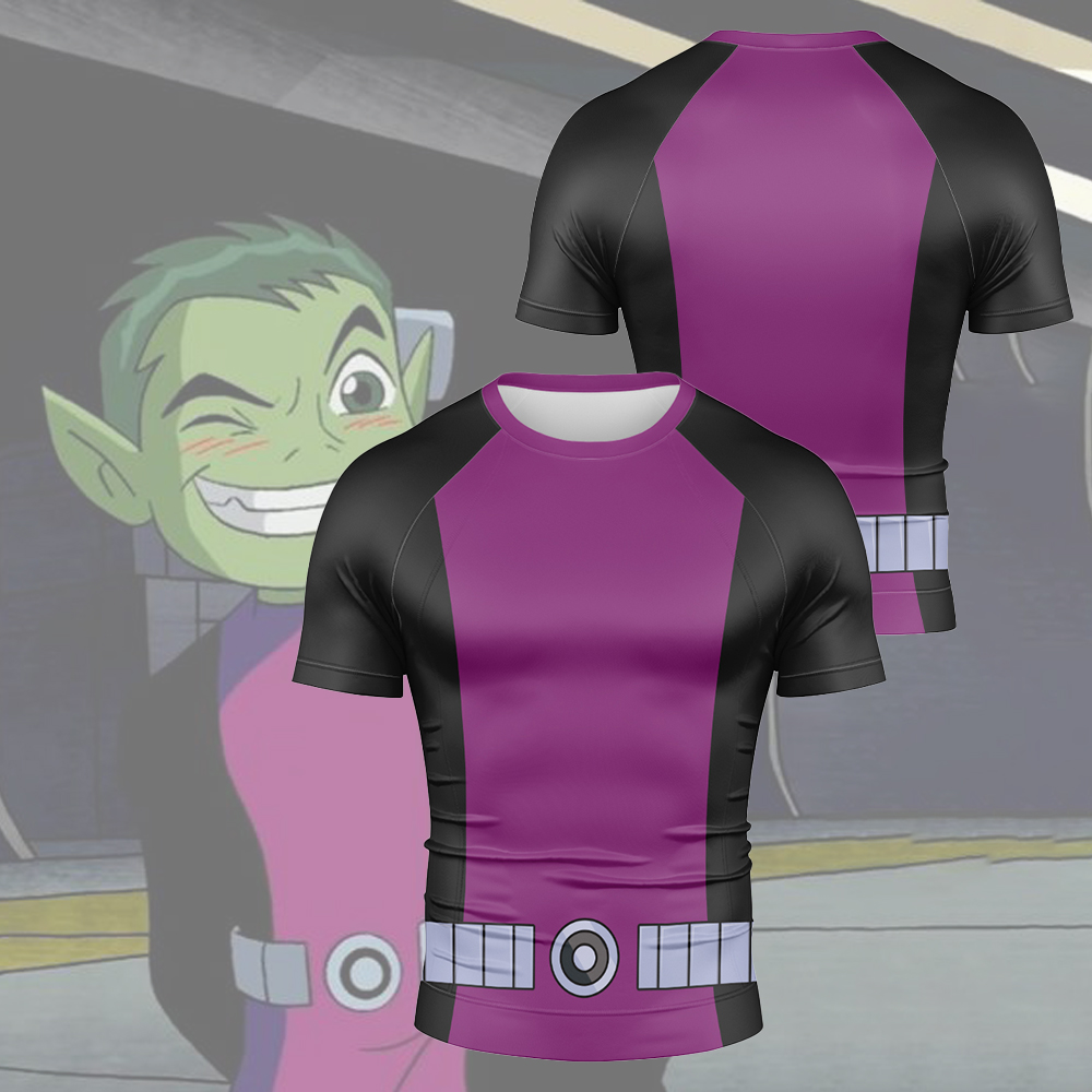 Young Justice Beast Boy Purple And Black Short Sleeve Compression Shirt