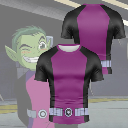 Young Justice Beast Boy Purple And Black Short Sleeve Compression Shirt