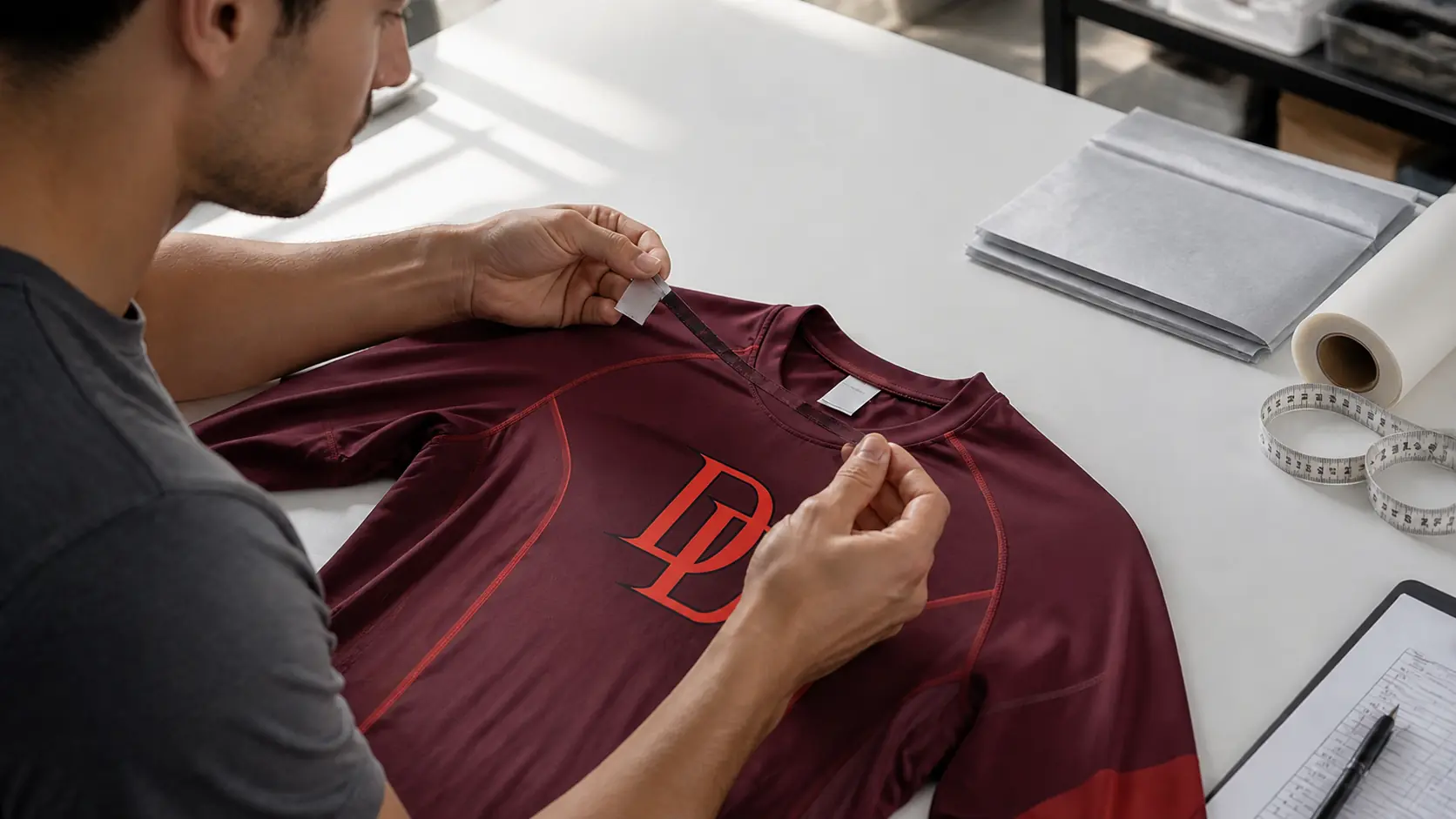 Compression shirt being inspected for quality and order issues