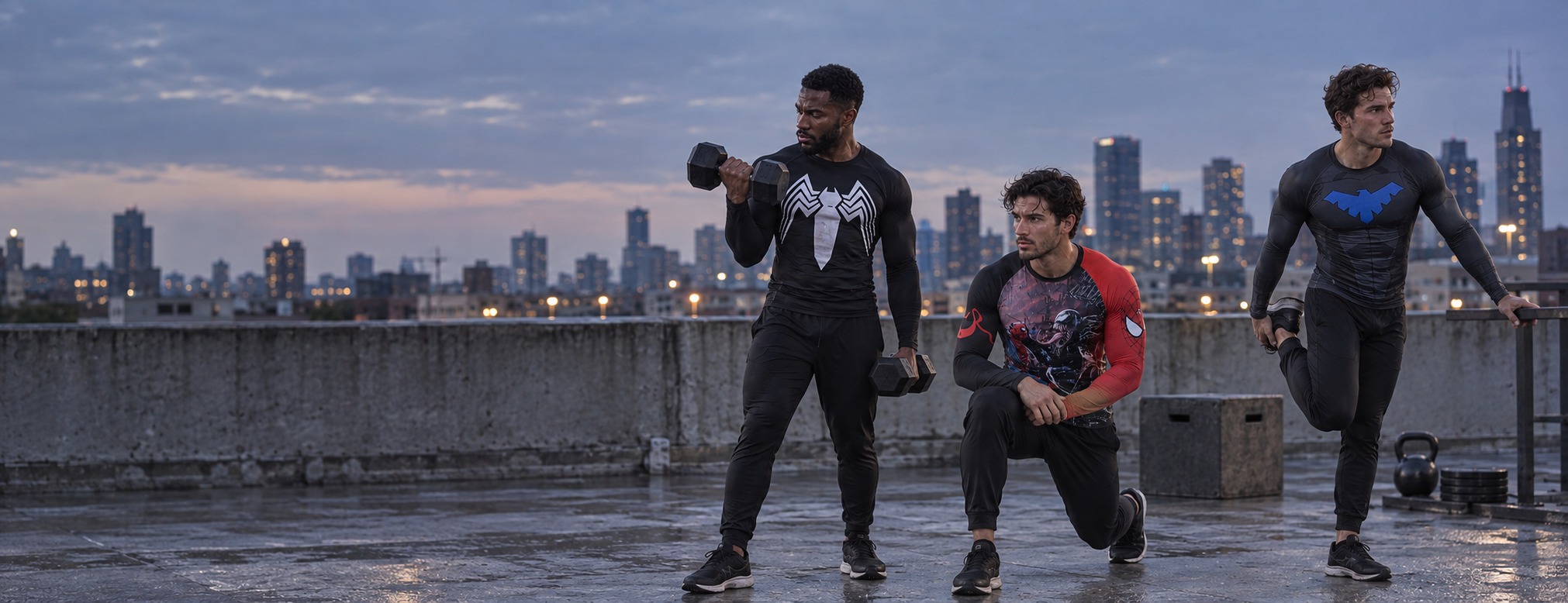 Three men training on a city rooftop at dusk, wearing black Spider-Man, red-and-black Venom and black-and-blue Nightwing long sleeve compression shirts