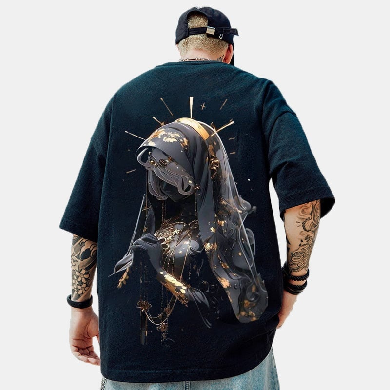 Praying Anime Lady Blck Tee Oversized Anime T-Shirt
