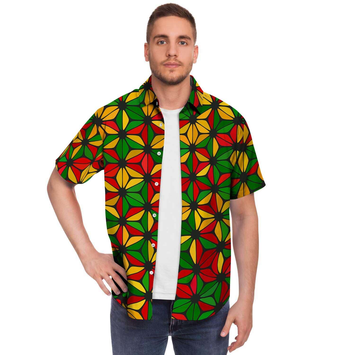 Abstract Reggae Rasta Men Print Short Sleeve Button-Up Shirts