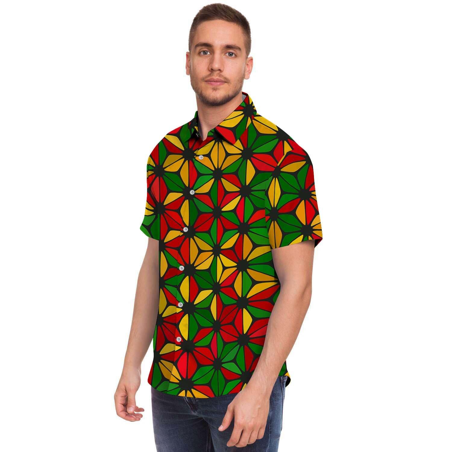 Abstract Reggae Rasta Men Print Short Sleeve Button-Up Shirts