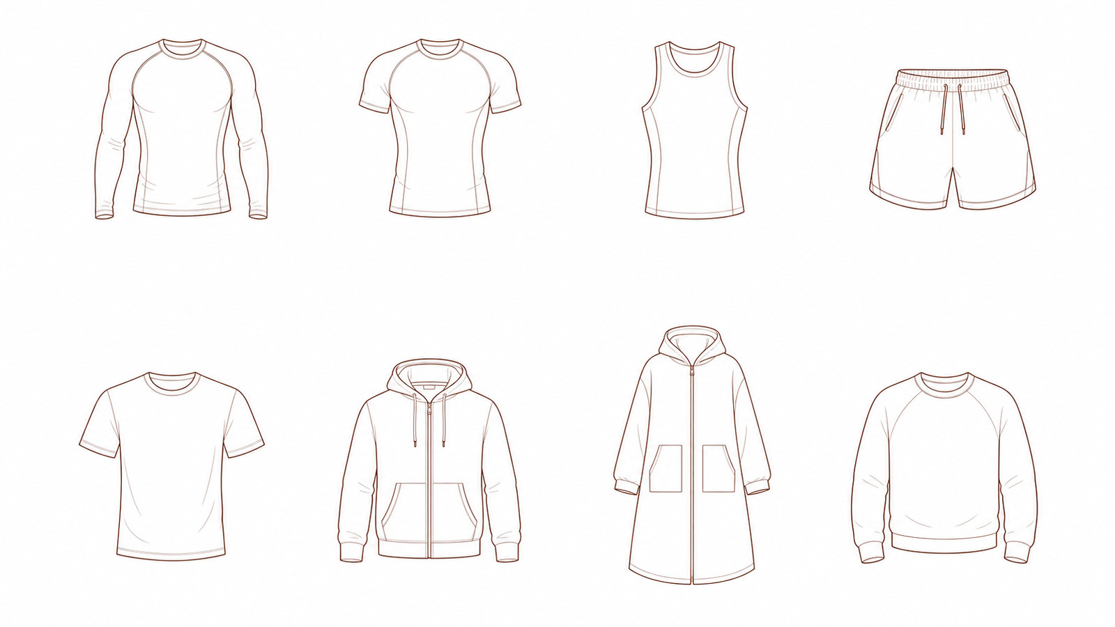 Line drawings of eight available apparel types