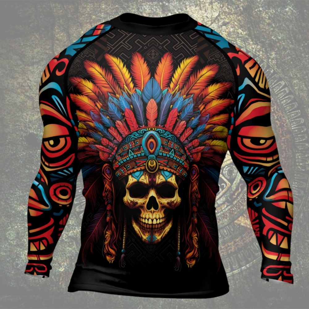 Aztec Chieftain Skull Mens Long Sleeve Compression Shirt