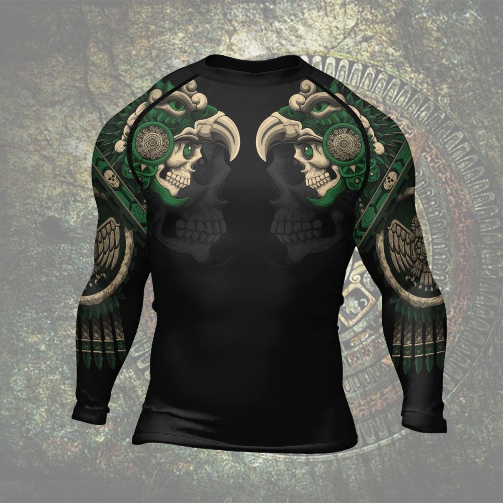 Aztec Eagle Warrior Skull Mens Long Sleeve Compression Shirt