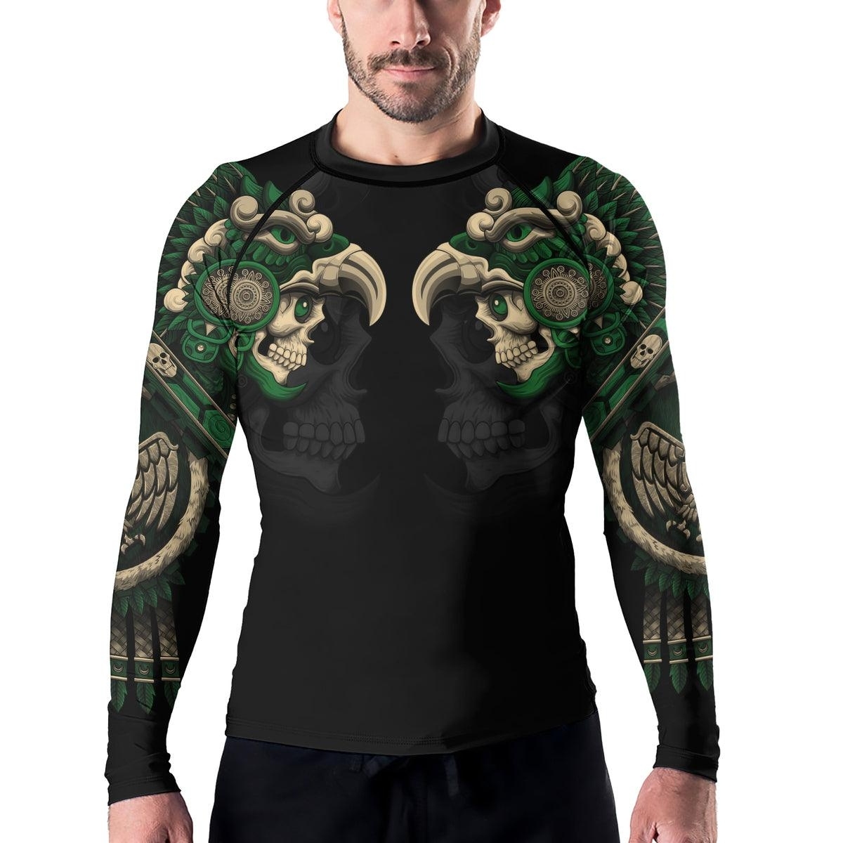 Aztec Eagle Warrior Skull Mens Long Sleeve Compression Shirt