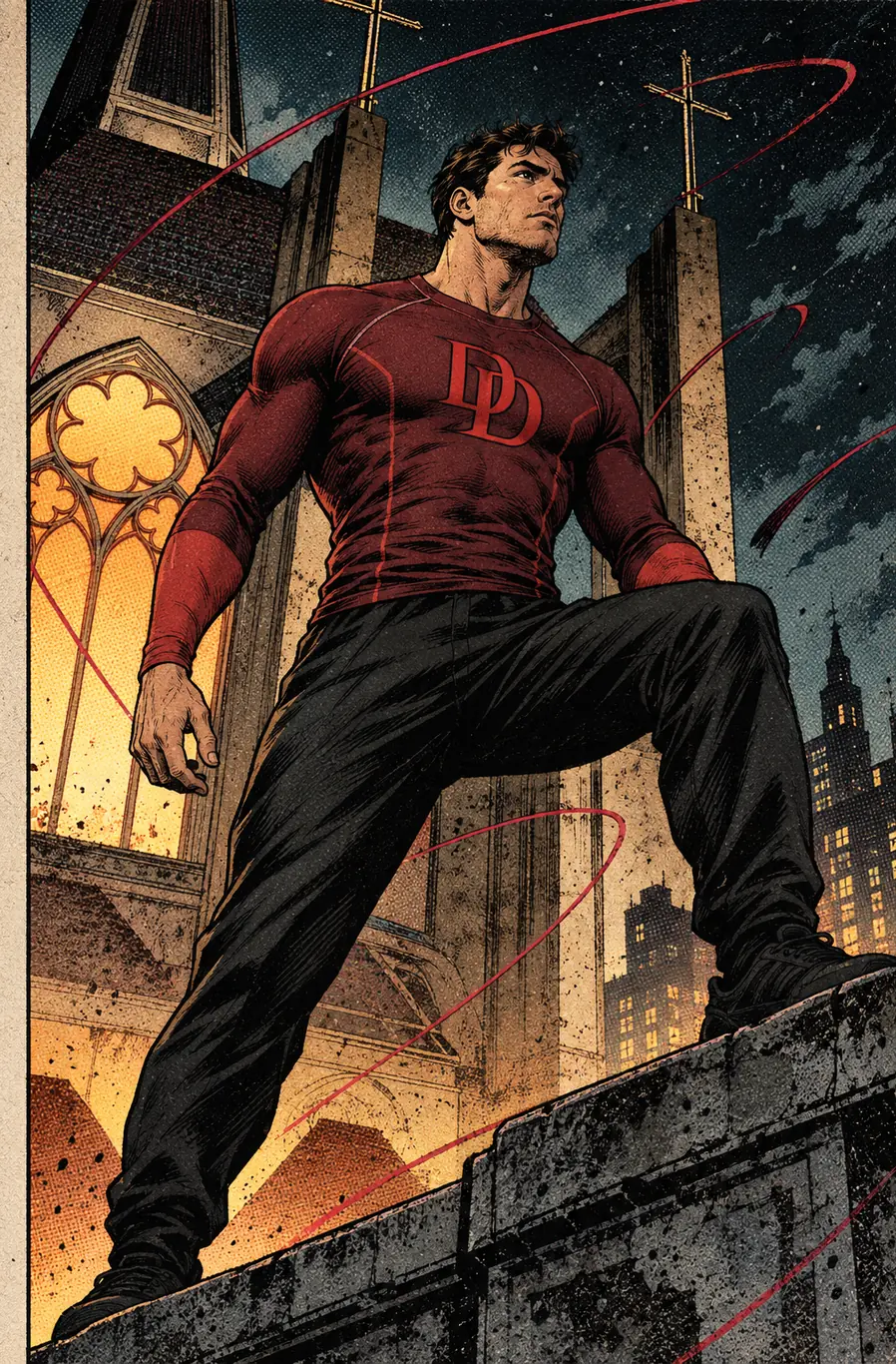 American comic-style athlete wearing a burgundy long-sleeve compression shirt